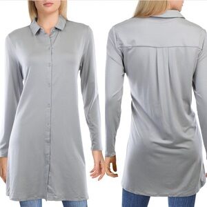 Eileen Fisher Classic Point Collar Button Up Tunic Top grey size XL